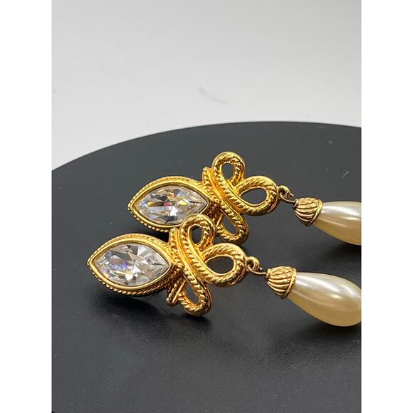 Swarovski Swan Vintage Crystal Teardrop Faux Pearl Gold Plated Dangle Earrings - Picture 7 of 8